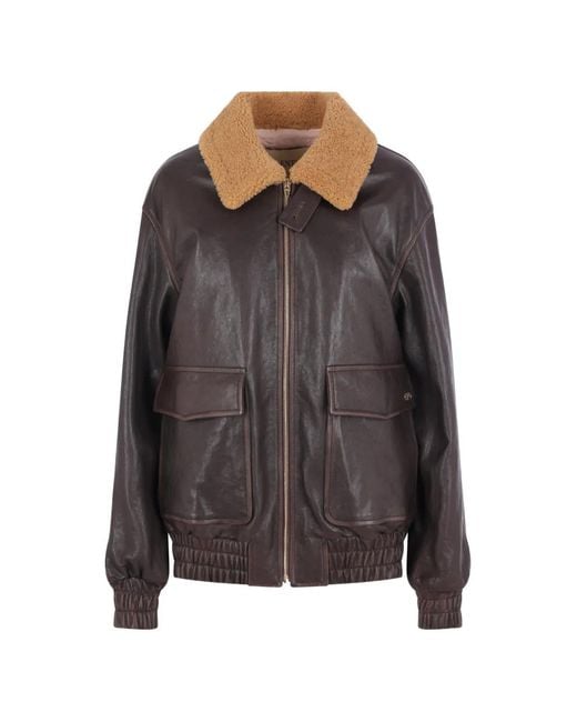 Valentino Garavani Gray Shearling-Collar Leather Bomber Jacket