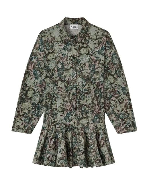 Ganni White Short Dress With Floral Pattern
