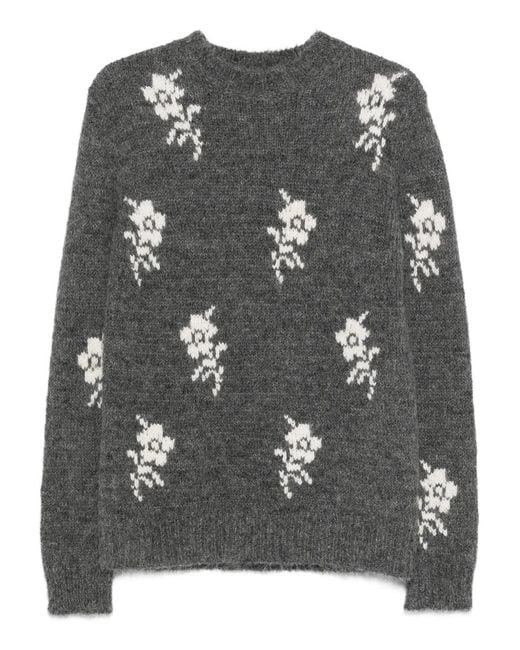 Jil Sander Gray Floral-Pattern Crew-Neck Sweater