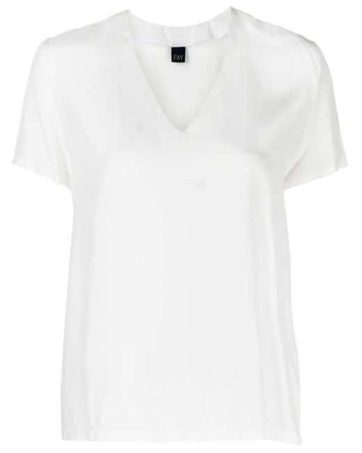 Fay White V-neck Embroidered-logo T-shirt