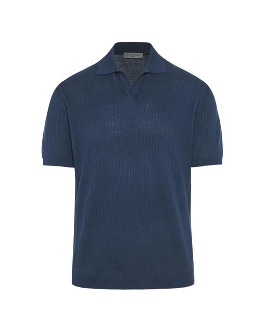 Corneliani Blue Ribbed-Knit Short-Sleeve Polo Shirt for men