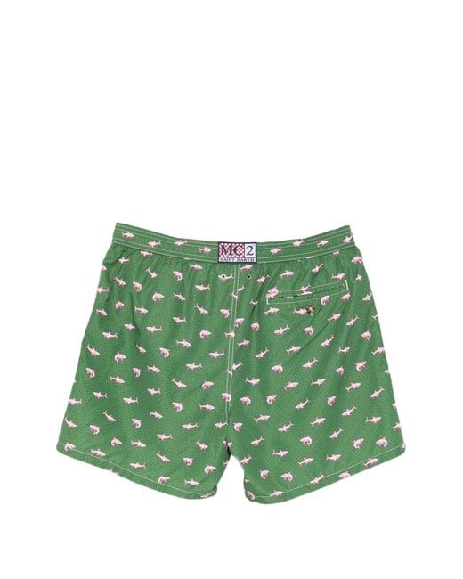 Mc2 Saint Barth Green Shark On Shark Print Swim Shorts for men