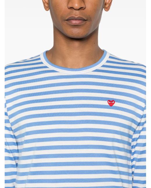 COMME DES GARÇONS PLAY Blue Striped Cotton Logo Appliqué T-Shirt