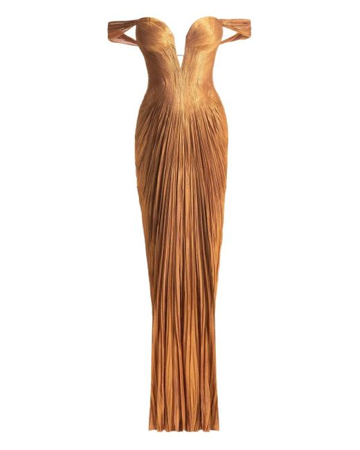 Maria Lucia Hohan Brown Schulterfreies Martina Abendkleid Mit Falten