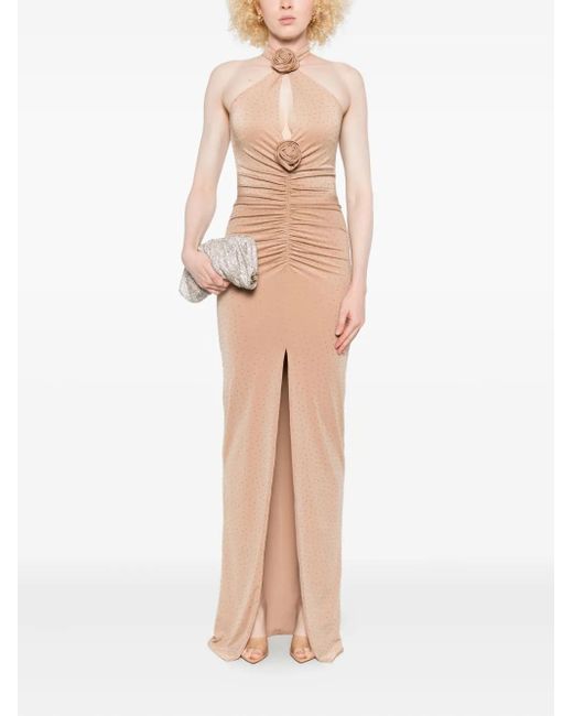 Nissa White Rose-Embellished Ruched Maxi Evening Dress