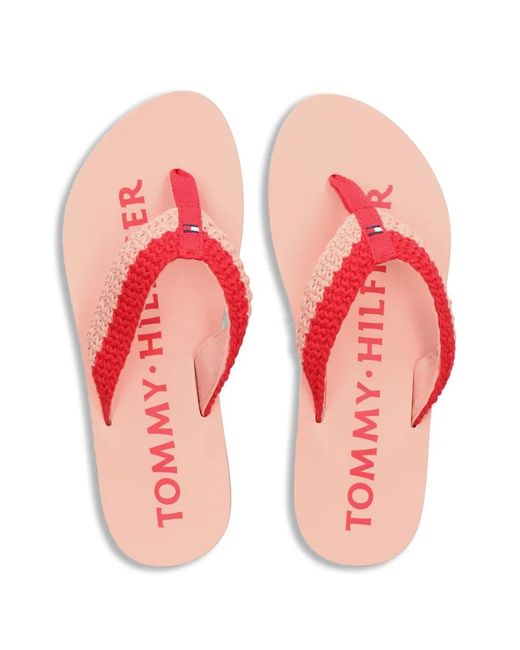 Tommy Hilfiger Red Crochet-Knit Thong Flip-Flops