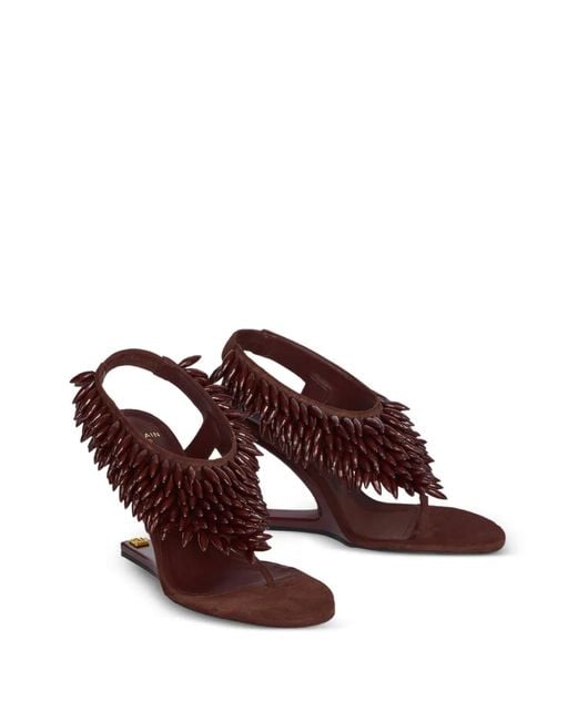 Balmain Brown No Wedge Beaded Suede Sandals