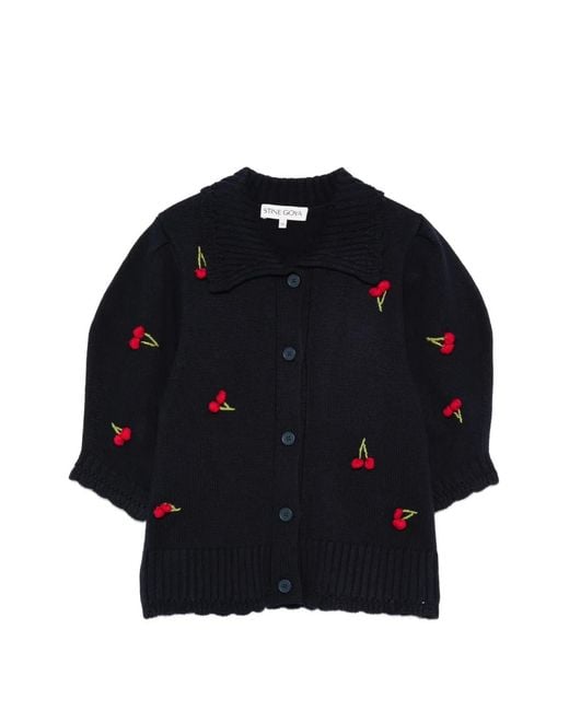 Stine Goya Blue Embroidered-Cherries Collared Cardigan