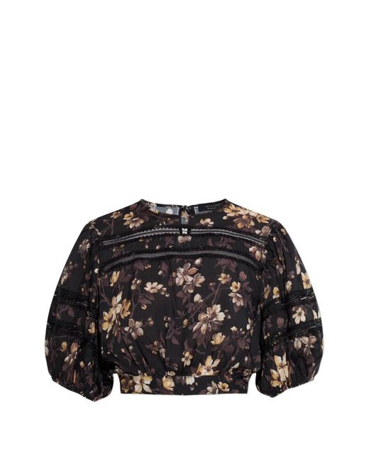 AllSaints Black Peony Floral-Print Lace-Trim Top