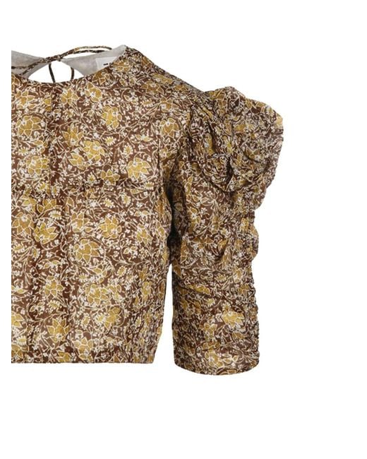 Isabel Marant Brown Gathered-Sleeve Floral-Print Blouse