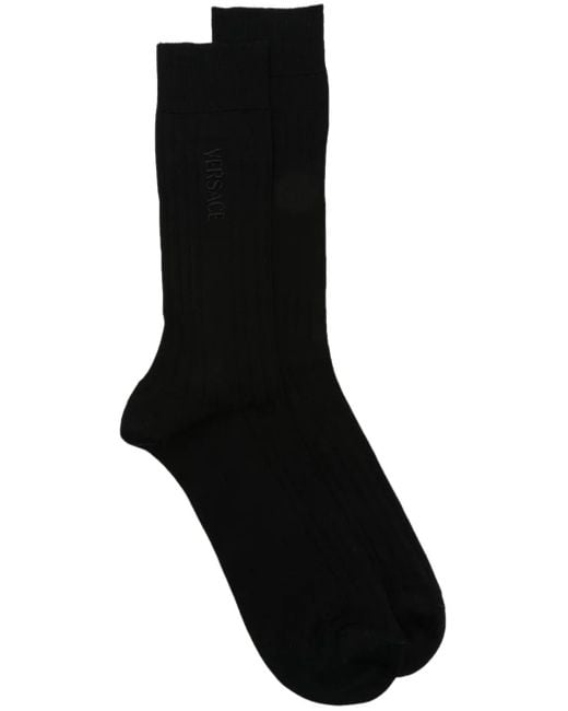 Versace Black Embroidered Ribbed Cotton Socks for men
