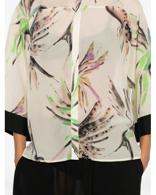 Psophia Natural Bird-Print Wide-Sleeve Shirt