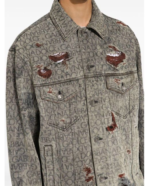 Dolce & Gabbana Gray Logo-print Distressed Denim Jacket for men