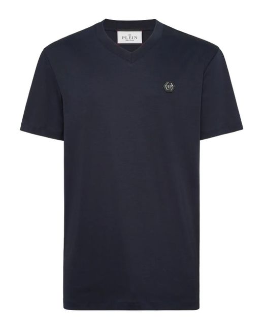 Philipp Plein Blue Logo-Appliqué V-Neck T-Shirt for men