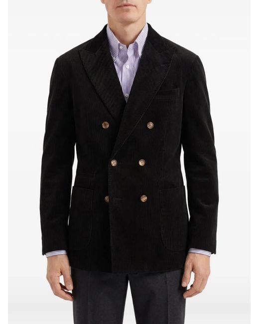 Brunello Cucinelli Black Double-Breasted Corduroy Blazer for men