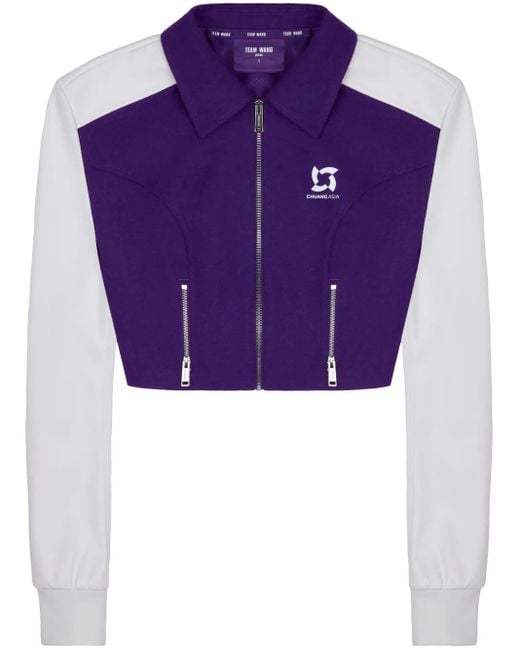 TEAM WANG design Purple Panelled Zip-Up Cropped Jacket