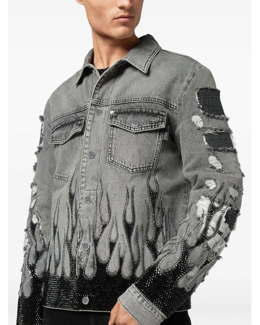 Philipp Plein Gray Strass Flame Oversize Denim Jacket for men