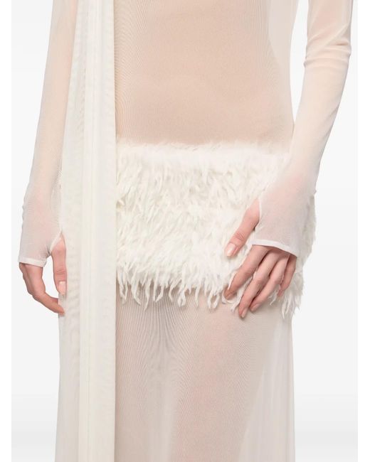 Atu Body Couture White Feather-Trimmed High-Neck Maxi Dress