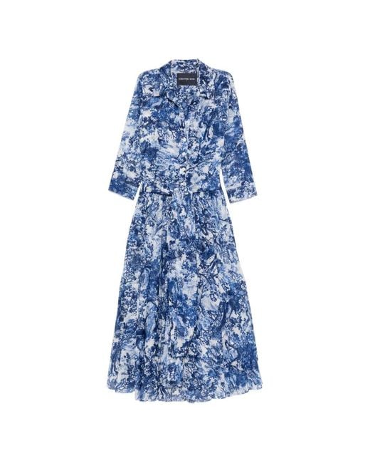 Samantha Sung Blue Robe Mi-Longue À Fleurs Boutonnée