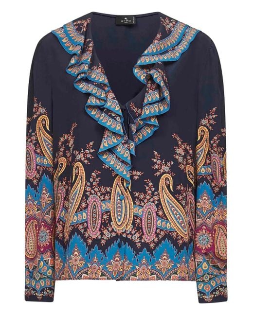 Etro Blue Paisley-Print Ruffled Top