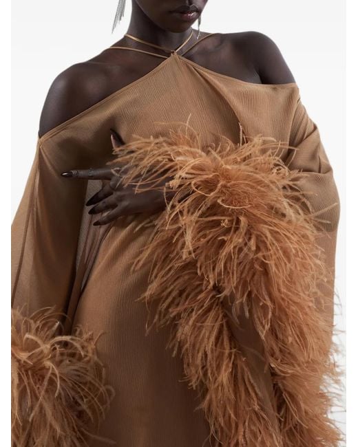 Taller Marmo Brown Sza Sza Spirito Feather-Trim Maxi Kaftan Dress