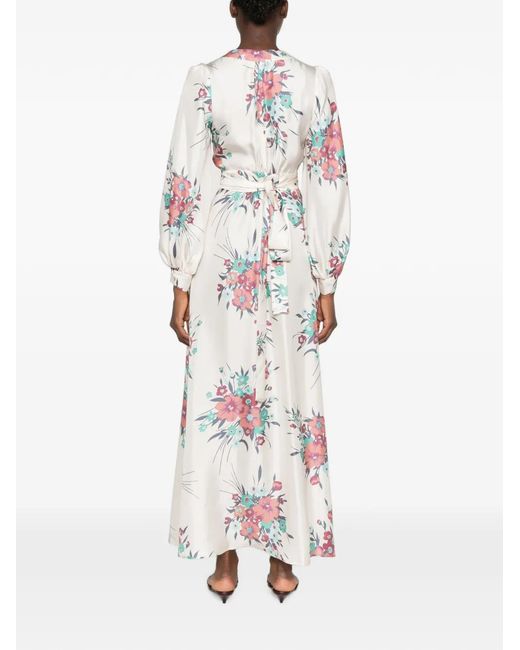 Raquel Diniz White Aurora Floral-Print Silk-Satin Maxi Dress