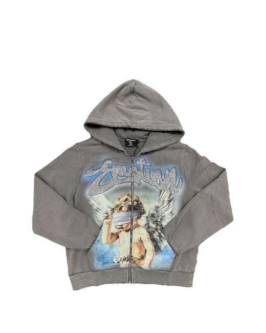 Mixed Emotions Gray Rhinestone Graphic-Print Zip-Up Hoodie for men