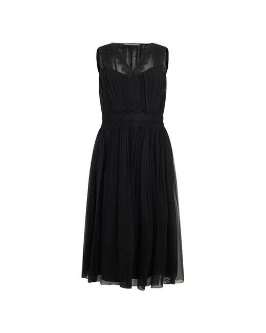 Alberta Ferretti Black Lace-Trim Pleated Midi Dress
