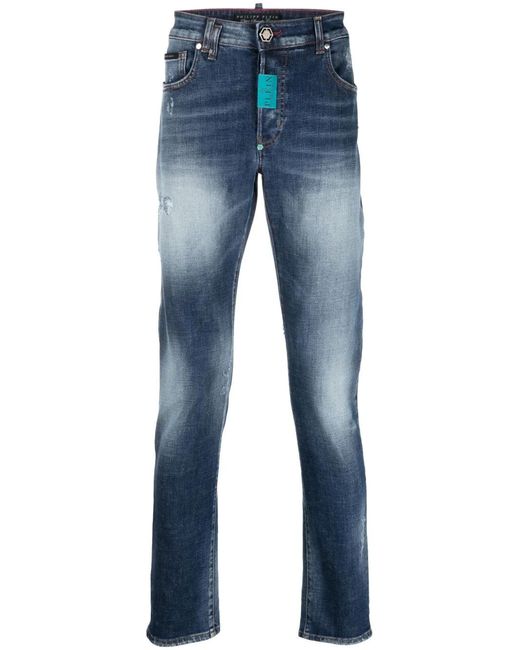 Philipp Plein Blue Logo-Patch Straight-Leg Jeans for men