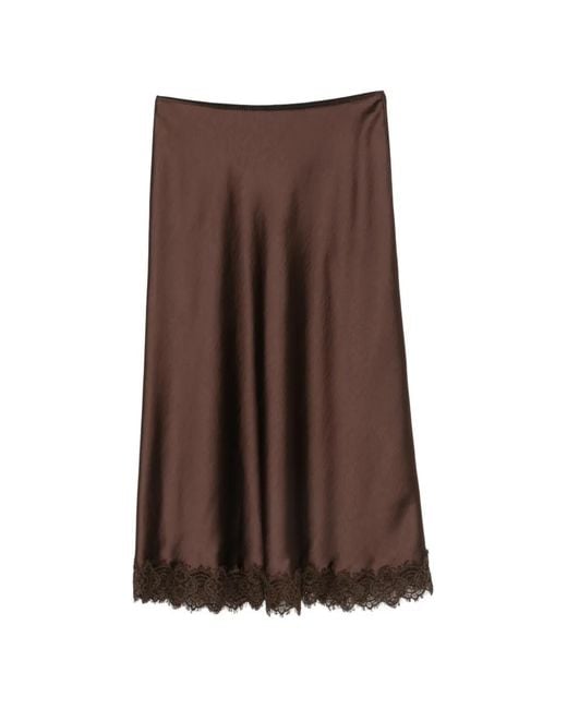 Luisa Cerano Brown Lace-Trim Satin Midi Skirt