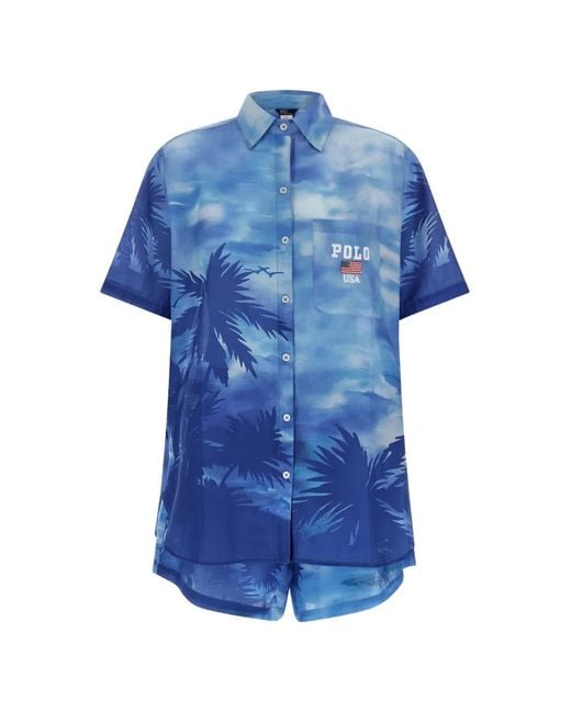 Polo Ralph Lauren Blue Palm Cotton Shirt And Shorts Set
