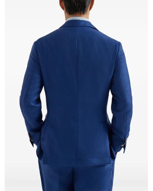 Brunello Cucinelli Blue Cashmere And Silk Diagonal Deconstructed Blazer With Peak Lapels for men