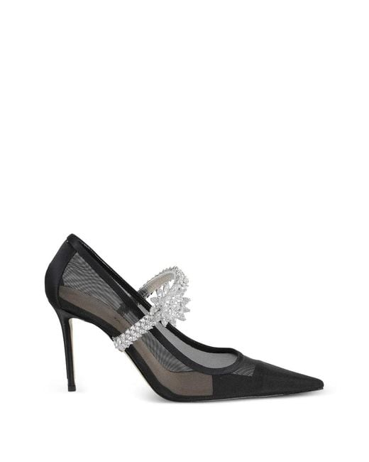 Mach & Mach Black Lotus-Flower-Jewelled Mesh Pumps