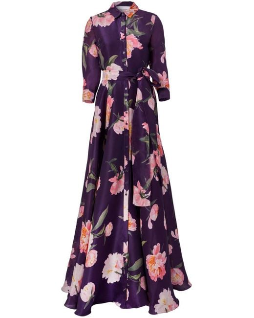 Carolina Herrera Purple Peony-Print Trench Gown
