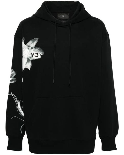Y-3 Black Floral-Print Drawstring Hoodie