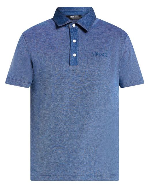 Versace Blue Logo-embroidered Cotton Polo Shirt for men