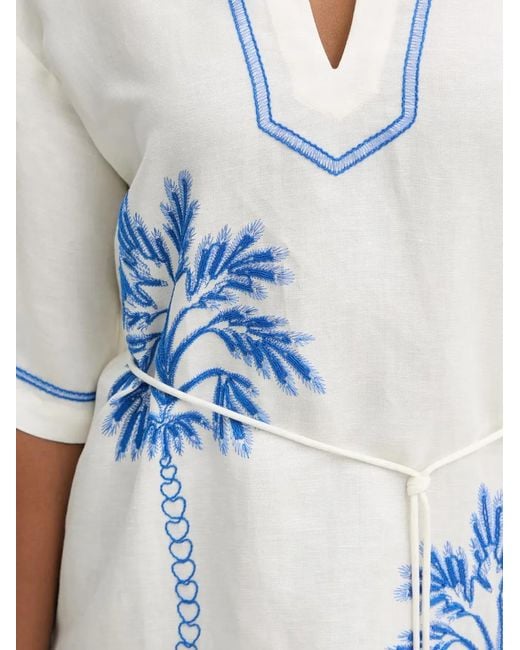 Twinset White Palm Tree-Embroidered Belted Mini Dress