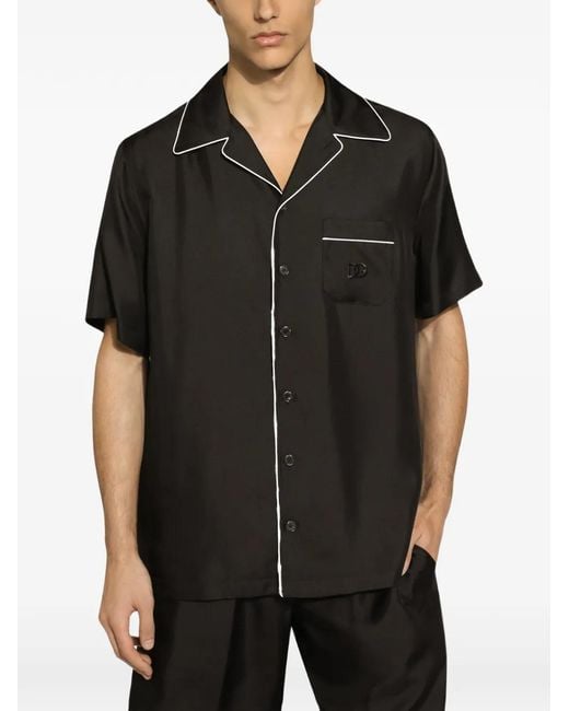 Dolce & Gabbana Black Silk Twill Shirt With Dg-Embroidery for men