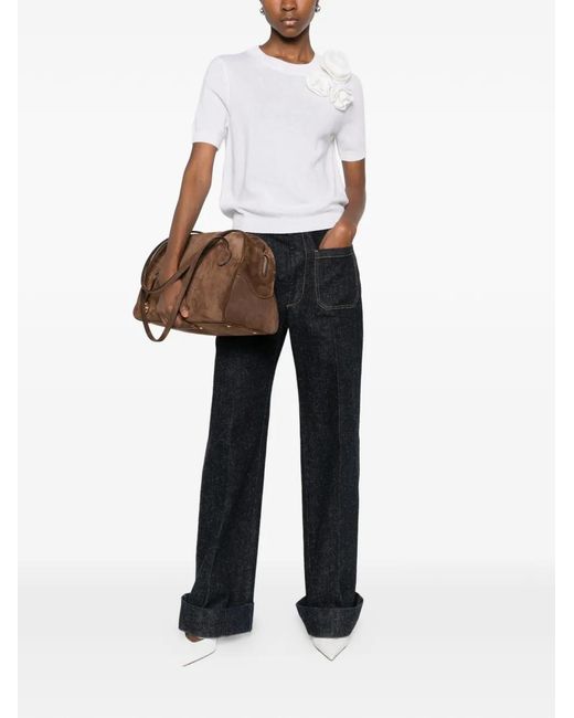 Allude White Flower-Appliqué T-Shirt