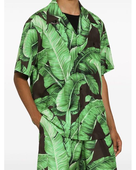 Dolce & Gabbana Green Silk Hawaiian Shirt With Banana Tree for men