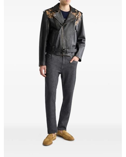 Etro Black Leather Biker Jacket With Placed Leopard Print for men