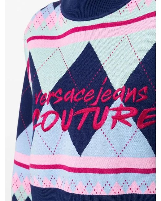 Versace Jeans Couture Blue Argyle-Knit Logo-Embroidered Jumper