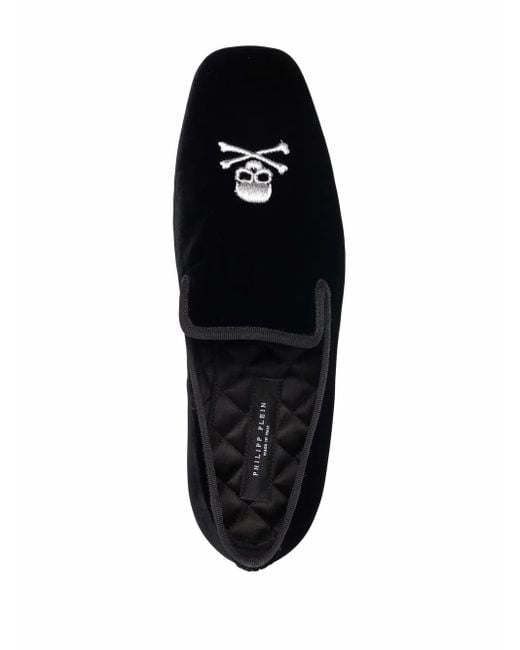Philipp Plein Black Skull Embroidery Velvet Loafers for men