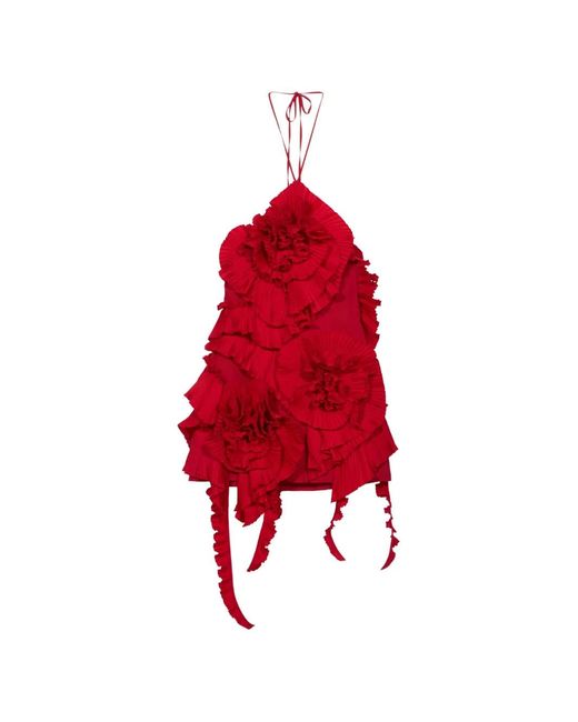 Blumarine Red Pleated-Rose Mini Dress