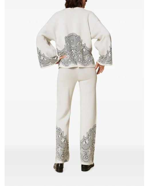 Twinset White Jacquard Wool-Blend Knit Trousers