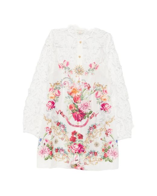 Camilla White Lace-Sleeves Floral-Print Mini Dress