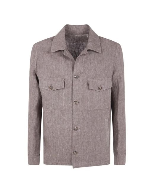 Barba Napoli Gray Linen Button-Up Shirt Jacket for men