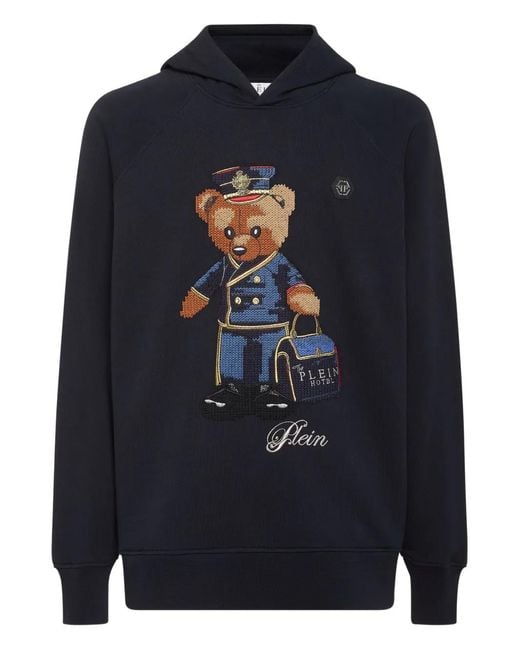 Philipp Plein Blue Teddy-Bear Embroidered Hoodie for men