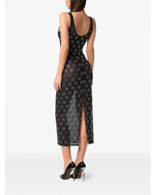 Philipp Plein Black Long Dress Monogram Strass