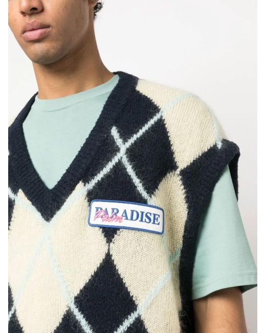 Palm Angels Blue Logo-Patch Argyle Knitted Vest for men